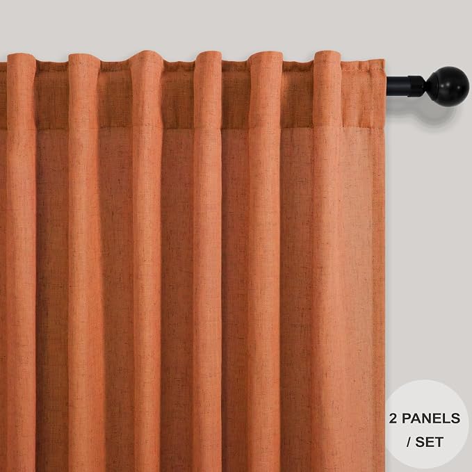 Pitalk Burnt Orange Linen Curtains 102 Inches Long for Living Room 2 Panels Set Back Tab Pocket Fall Drapes Semi Sheer Light Filtering Rust Terracotta Curtain 102 Length for Patio Sliding Door Bedroom