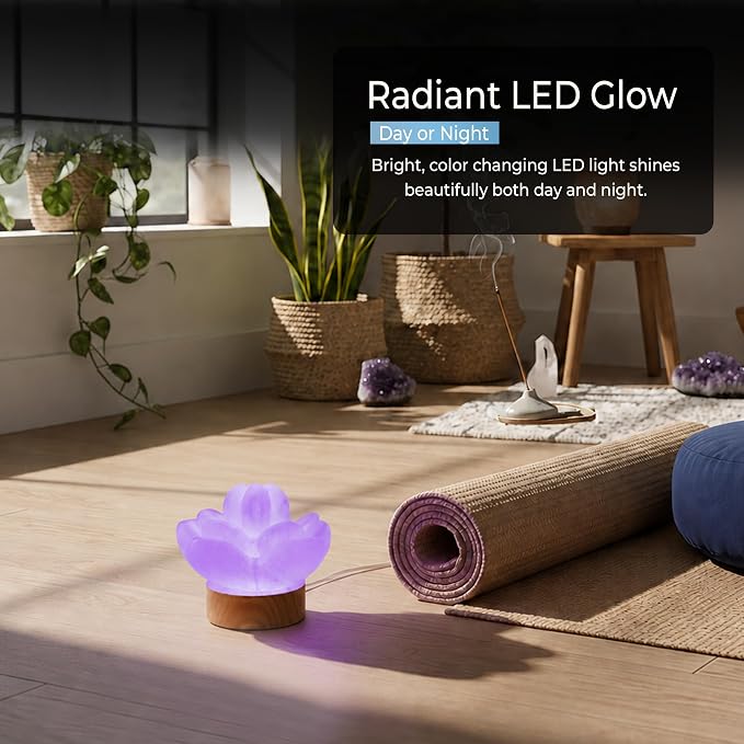Wish Well 3 pc Lotus Flower Selenite Lamp with 7 Color LED Wooden Base