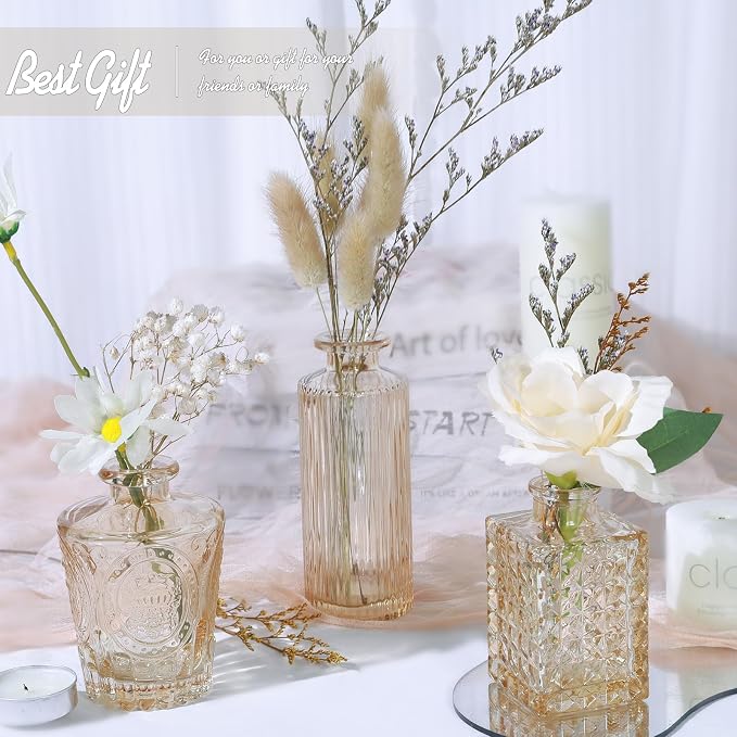 TBWIND 24pcs Amber Glass Bud Vases Set | Small Flower Vases for Centerpieces in Bulk, Mini Vintage Vase, Wedding Decor, Home Table Décor