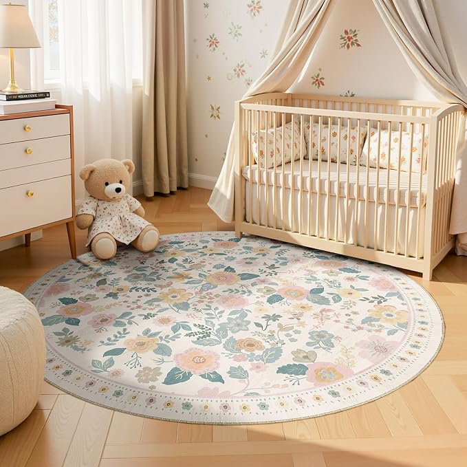 Washable Floral Area Rug for Living Room Round 4ft Light Beige | Non-Slip，Vacuum-Friendly, Low Pile, Flower Carpet for Bedroom Kitchen Entryway Dining Room Office Nursery