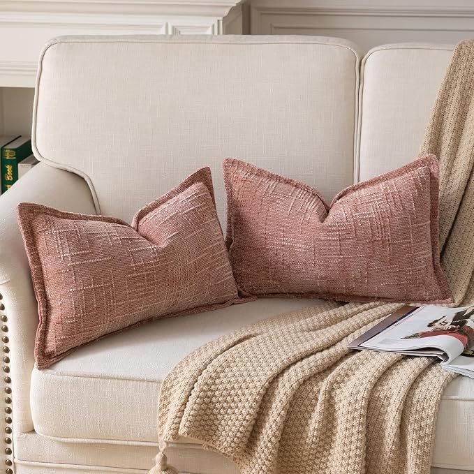 Yaertun Chenille Throw Pillow Covers 16x24 Inch Set of 2 Textured Broadside Soft Cozy Velvet Pillow Covers Modern Farmhouse Boho Decorative Pillow Cases for Couch Bed Sofa Livingroom Dusty Pink