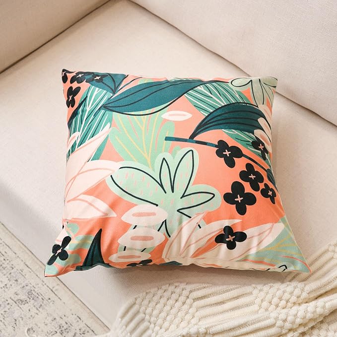 Tyrot Boho Floral Velvet Throw Pillow Covers 18x18 Inch Set of 2 Farmhouse Cushion Covers Mid Century Modern Botanical Home Decor Accent Pillow Cases for Couch Bed Sofa Living Room, Bedroom, Coral