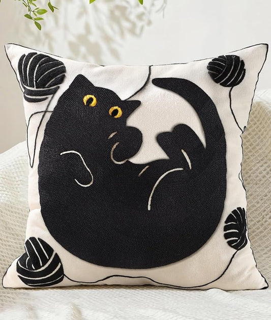 Animal Embroidered Throw Pillow Cover 18x18 Inch, Black Cat Yarn | Decorative Pillow Cover, Country Cushion Cases with Hidden Zipper, Farmhouse Decor for Couch, Sofa, Living Room, Bed