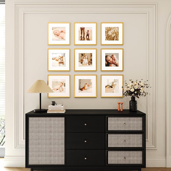 8x8 Picture Frame Set of 9, Display Pictures 4x4 with Mat or 8x8 without Mat, Multi Collage Gallery Square Photo Frames for Wall or Tabletop, Gold