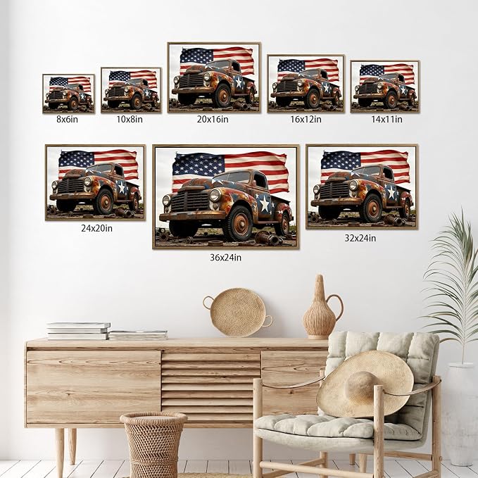 American Flag Framed Canvas Wall Art, 4th of July Patriotic Canvas Prints | USA Flag with Truck Poster Print, Vintage Independence Day Wall Decor for Bedroom Living Room Dining Room Office 8×10in
