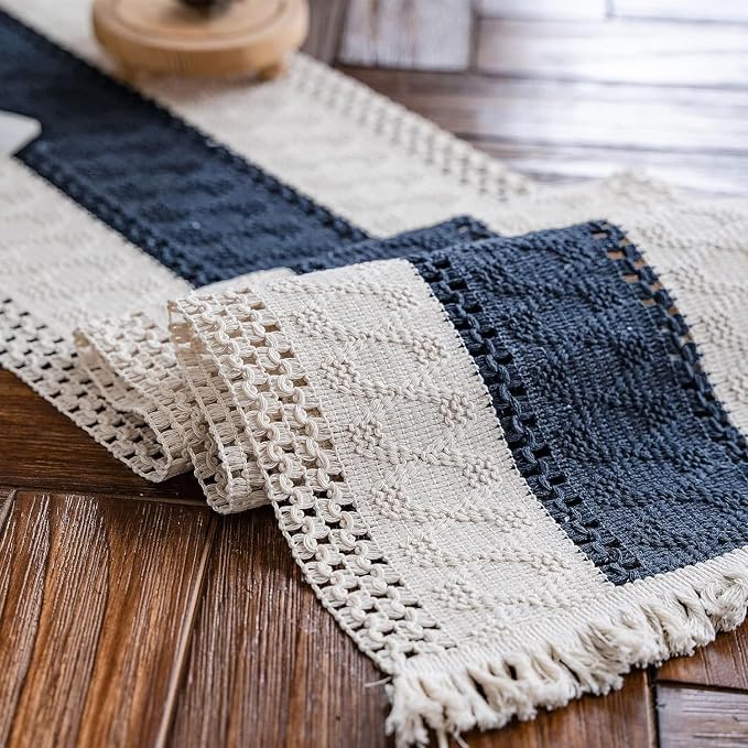 Macrame Table Runner Beige and Blue Boho Table Runners with Tassels 12x36 | Alynsehom Hand Woven Cotton Table Runner Rustic Farmhouse Table Runners for Bohemian Kitchen Dining Table