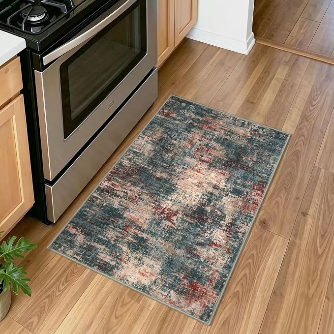 Lansny Abstract Washable Entryway Rug 2x3 Area Rug Small Non Slip Door Mat | Red/Multi;Thin Printed Faux Wool Kitchen Rugs;Indoor Front Door Rug;Entry Rug;Throw Rugs for Foyer,Entrance;Floor Carpet