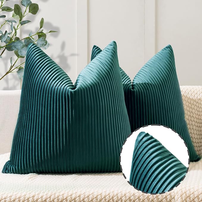 YCOLL Teal Pillow Covers 20x20 Set of 2 Velvet Striped Pattern - Soft Throw Pillows for Home Decor, Luxury Decorative Pillow Covers for Couch, Bed,Living Room