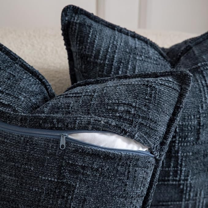 MADIZZ Pack of 2 Chenille Throw Pillow Covers 24x24 Inch Dark Blue Soft Neutral Decorative Throw Pillows for Couch Sofa Boho Accent Cushion Covers Modern Farmhouse Home Decor for Bedroom Living Room