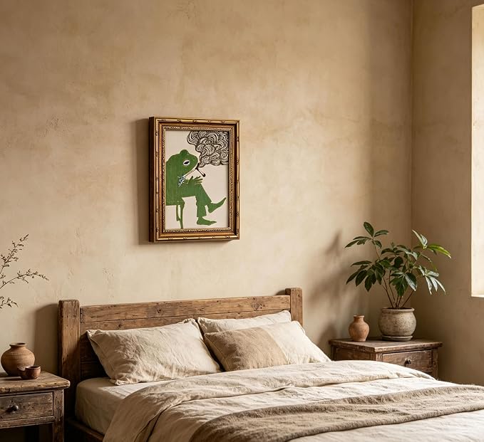 Vintage Gold Framed Bar Wall Art, Funny Green Frog Smoking Canvas Print, Abstract Whimsical Animal Painting Picture, Humor Retro Amphibian Poster Artwork for Kitchen Dining Room Living Room
