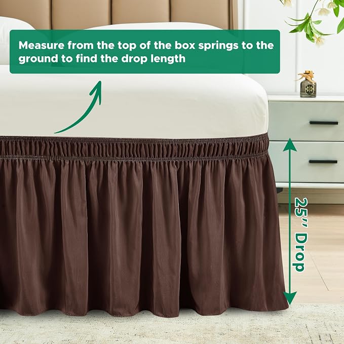 Wrap Around Bed Skirt Full Size 25" Drop-Elastic Long Dust Ruffle Brown | Adjustable Pleated Bedskirt-Easy Fit Wrinkle Resistant Washable Bed Skirting-Hotel Studio Apartment Home Guest Bedroom Rental