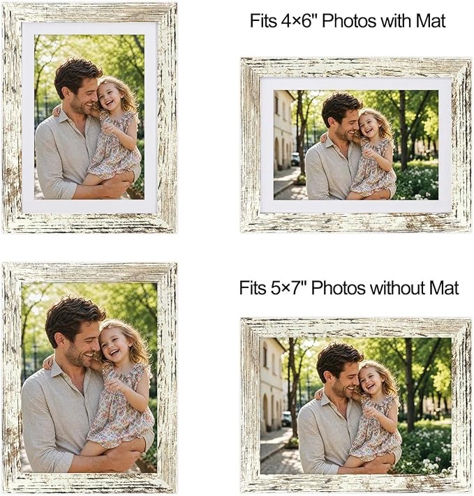 5x7 Picture Frame-Vintage White,4x6 Mat,Tempered Glass,Engineered Wood