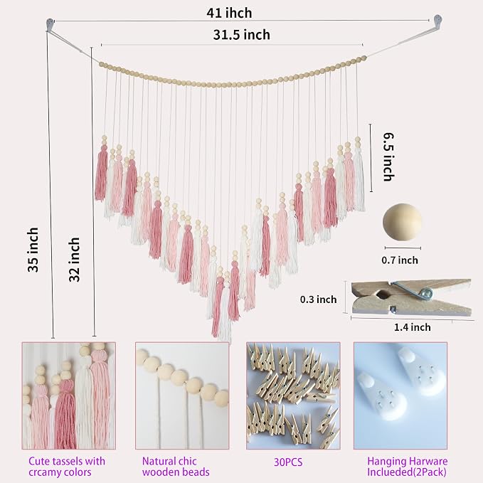 Macrame Hanging Photo Display Wall Decor, Macrame Photo Wall Hanging Boho Room Bedroom Wooden Beads Garland Picture Holder Photo Display Cilp with 30 Clip