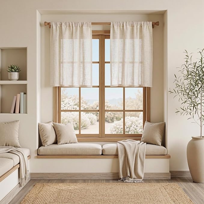 MYSKY HOME Kitchen Semi Sheer Linen Curtains 24 Inch Long, Light Filtering Window Panels Rod Pocket Valance Neutral Drapes for Small Window/Cafe/Bathroom Basement, Linen, 2 Panels, 34 x 24 Inch