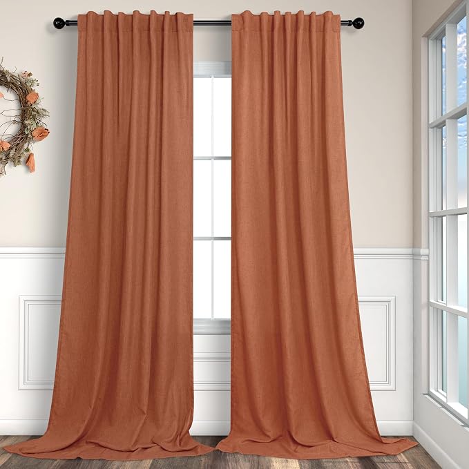 Pitalk Terracotta Curtains 84 Inches Long for Living Room Back Tab Rod Pocket Fall Drapes Semi-Sheer Boho Linen Home Decor Western Curtains for Bedroom 2 Panels Rust Colored