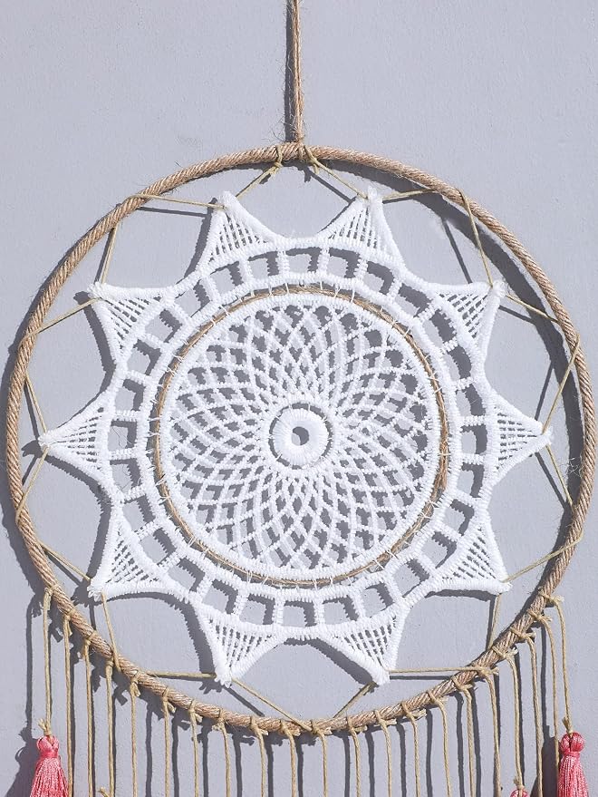 Artilady Macrame Dream Catcher Wall Hanging, Pink Large Boho Bedroom Decor