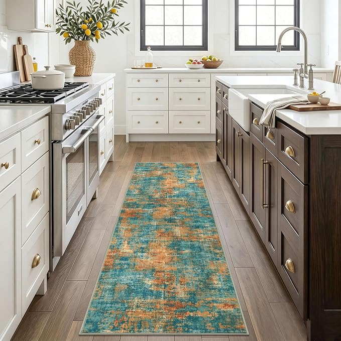 Lansny Abstract Washable 2x6 Hallway Runner Rug Non Slip Kitchen Runner | Teal/Orange;Thin Printed Faux Wool Rug Runners;Entryway Runner Indoor;Rubber Backed 6ft Carpet Runners;Bedroom Runner