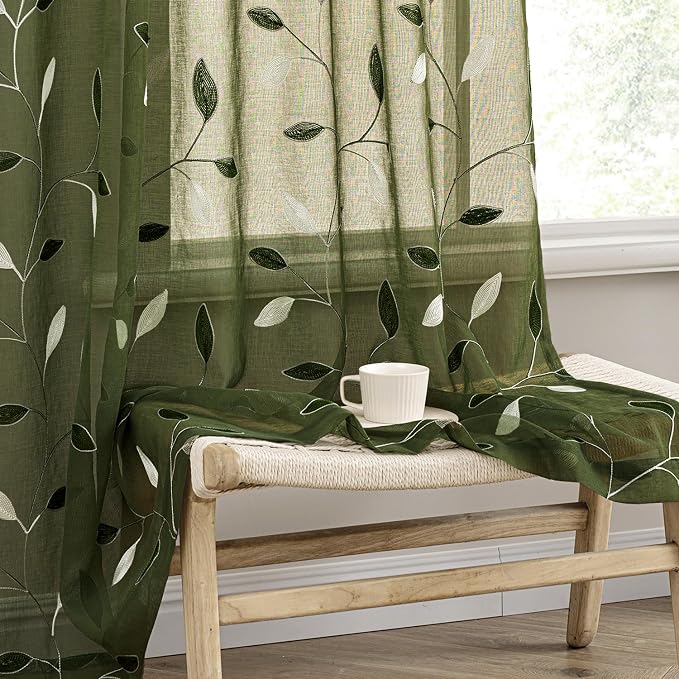 MIULEE Olive Green Sheer Curtains 2 Panels Leaf Patterned, W52 x L63 | Embroidered Floral Semi Sheer,Rod Pocket,Faux Linen,Short Window Curtains Drapes Set for Kitchen/Bathroom/Cafe
