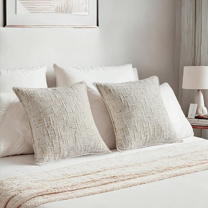 HAUSSY Pack of 2 Chenille Tweed Throw Pillow Covers 18x18 Inch, Cream