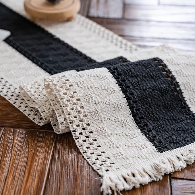 Macrame Table Runner Beige and Black Boho Table Runners with Tassels 12x95 | Alynsehom Hand Woven Cotton Table Runner Rustic Farmhouse Table Runners for Bohemian Kitchen Dining Table
