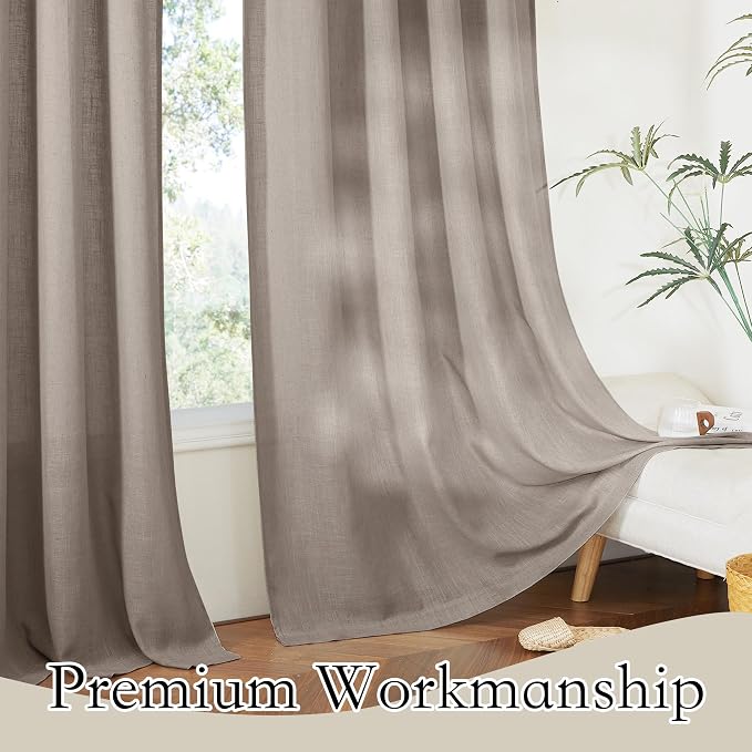 RYB HOME Linen Semi Sheer Curtains for Bedroom Living Room 95 inches Long | Light Filtering Privacy, Farmhouse Rustic Decor, Office Balcony Sliding Glass Door, W52 x L95, 2 Panels, Birch Brown