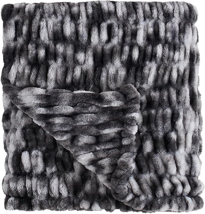 Lotus Karen Faux Fur Throw Blanket, 900 GSM Dual-Sided Soft Ruched Twin Blanket for Couch, Fluffy Cozy Fuzzy Plush Throw Gifts for Women Man Bedroom Living Room (Tie-Dye Black, 60"x80")