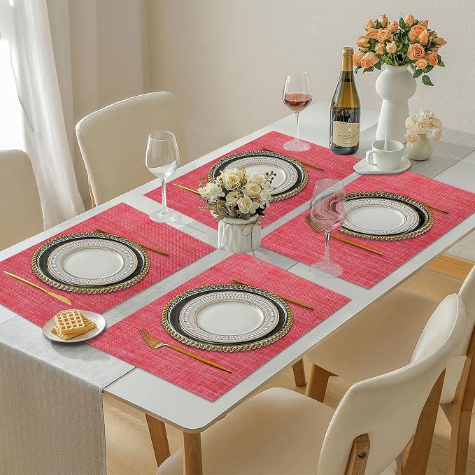 Vinyl Placemats Set of 8, PVC Woven Washable Non-Slip Table Mats, Heat Resistant Wrinkle Free Place Mats for Dining Table, Easy to Clean (8, Red)