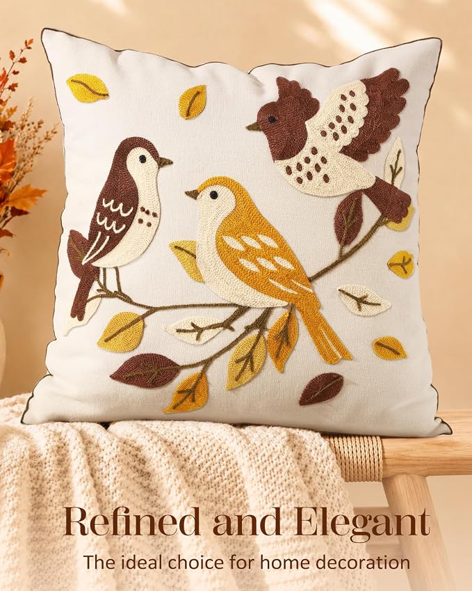 Bird Leaves Embroidered Throw Pillow Cover 18x18 Inch Fall Farmhouse