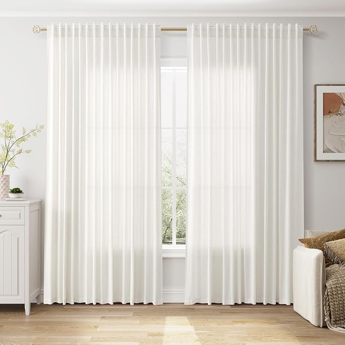 Extra Wide 100 Inch Curtains for Living Room 102 Inches Long Linen Farmhouse Sheer Curtains for Sliding Door Beige White Long Curtain for Bedroom Back Tab and Rod Pocket 100x102,2 Panels