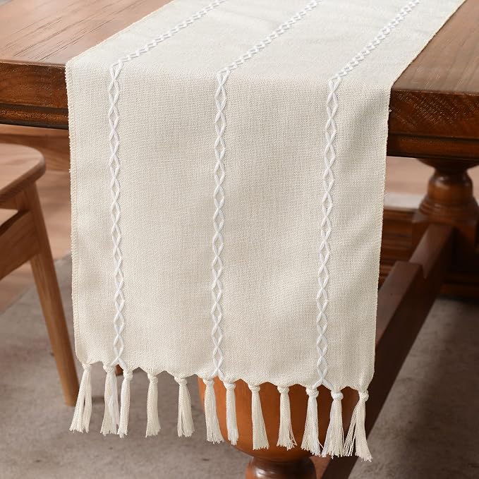 Wracra Rustic Linen Table Runner, Ivory Table Runners 90 inches Long | Raised Embroidered Design and Hand-Tassels;Cotton Linen Woven Fabric; Farmhouse Table Runner;Home Kitchen Dining Decor