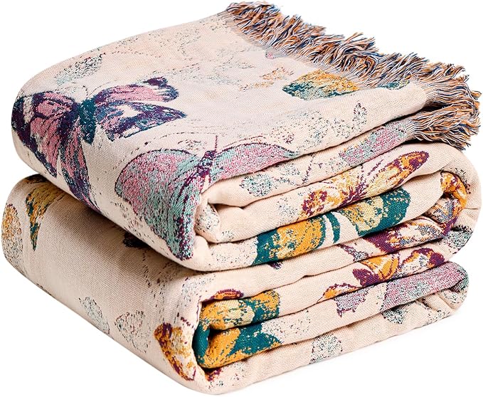 MSGKV Boho Throw Cotton Butterfly Blanket 50"x60" for Couch Sofa Decor | Muslin Cotton Throw, Butterfly Pattern, Chair Throw, Breathable Summer Blanket, Farmhouse Decor, Home Decor, Machine Washable