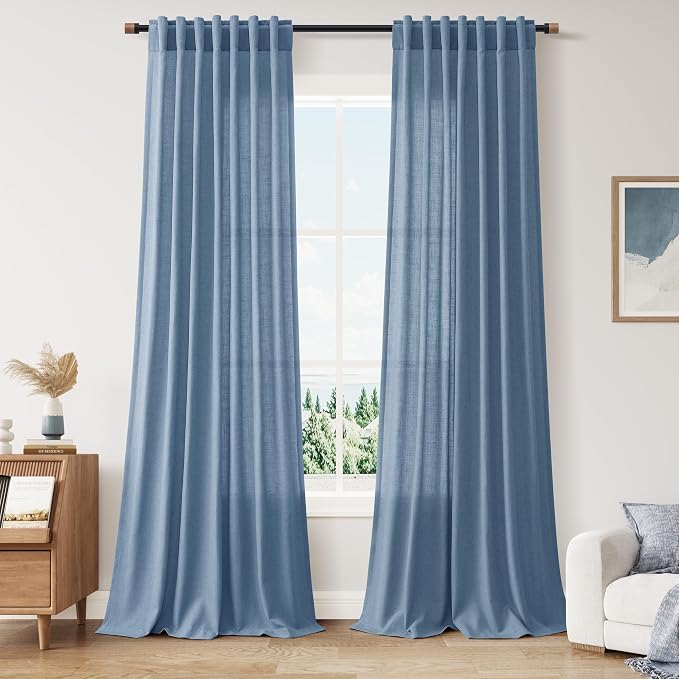 Stone Blue Linen Curtains 120 Inch Extra Long for Living Room Back Tab Light Filtering Semi Sheer Drapes Modern Farmhouse Boho Textured Curtain for Floor to Ceiling High Window 52x120,2 Panels