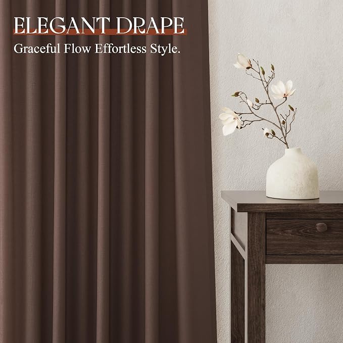 Jowels Coffee Linen Curtains 84 Inch Long 2 Panels for Living Room | Brown Light Filtering Semi Sheer Curtain,Back Tab Pocket Pleated Look,Farmhouse Textured Privacy Drapes for Bedroom Window