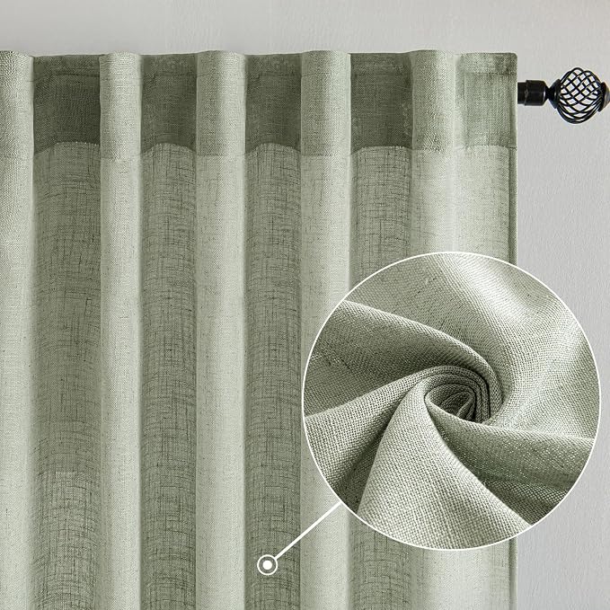 MIULEE Sage Linen Curtains 52x63 Inch Long 2 Panels of Green Window Drapes | Bedroom Living Room,Soft Thick Linen Textured Kitchen,Semi Sheer Light Filtering, Back Tab Rod Pocket, Burlap Look Decor