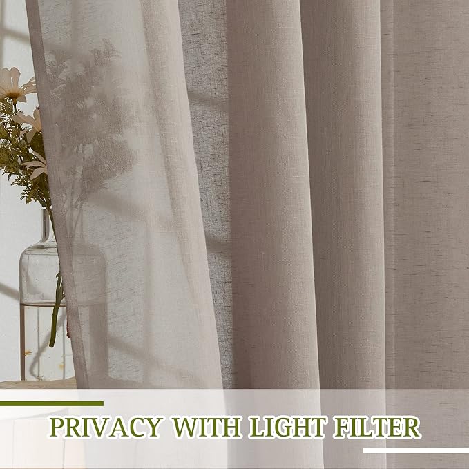 NICETOWN Linen Sheer Curtains 96 inches Long, (Burlap) Grommet Semi Sheer Flax Textued Vertical Drapes Privacy with Light Filtering for Living Room/Farm House, W52 x L96, 1 Pair