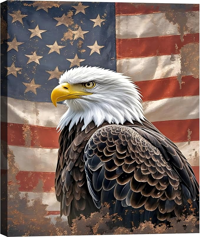 Framed Vintage Bald Eagle American Flag Wall Art, Patriotic Rustic Canvas Art Pictures, USA Eagle Wall Decor, Made in USA Ready to Hang for Office Man Cave