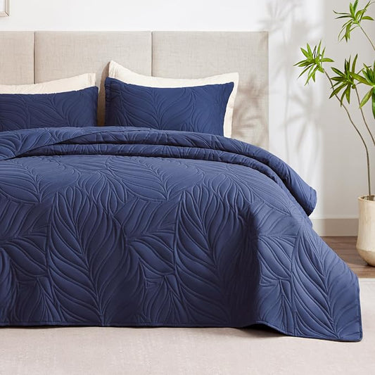 EXQ Home Quilt Set Full Queen Size Navy 3 Piece,Lightweight Soft Coverlet Modern Style Leaf Pattern Bedspread Set(1 Quilt,2 Pillow Shams)