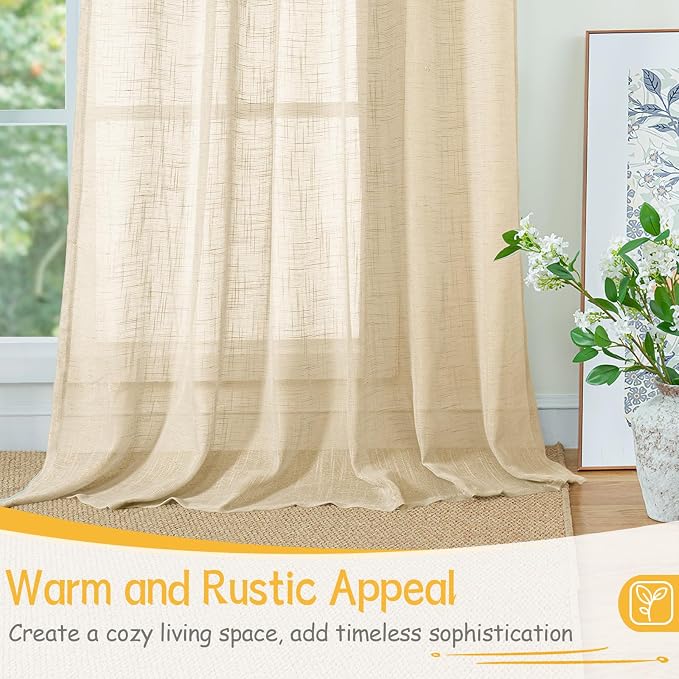 YoungsTex Tan Linen Semi Sheer Curtains 34 X 40 Inch for Kitchen Window | Short Drapes Textured with Rod Pocket Back Tab Lightweight for Bathroom Window Over Sink, 2 Panels
