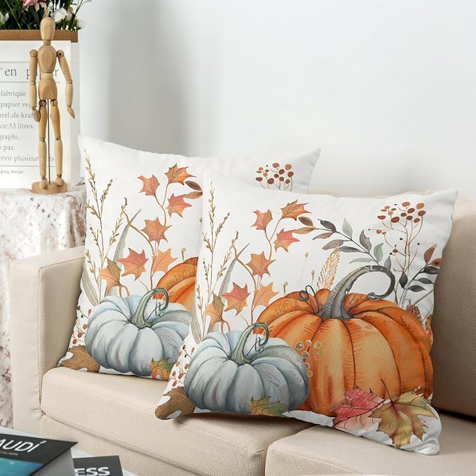 Orange Blue Pumpkin Pillow Covers Fall Maple Leaves Throw Pillow Covers Autumn Thanksgiving Decorative Cushion Case 18x18 for Farmhouse Living Room Couch Patio Set of 2