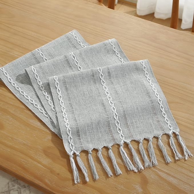 Wracra Rustic Linen Table Runner, Grey Table Runners 72 inches Long | Raised Embroidered Hollow Design and Hand-Tassels;Cotton Linen Woven Fabric; Farmhouse Table Runner;Home Dining Decor