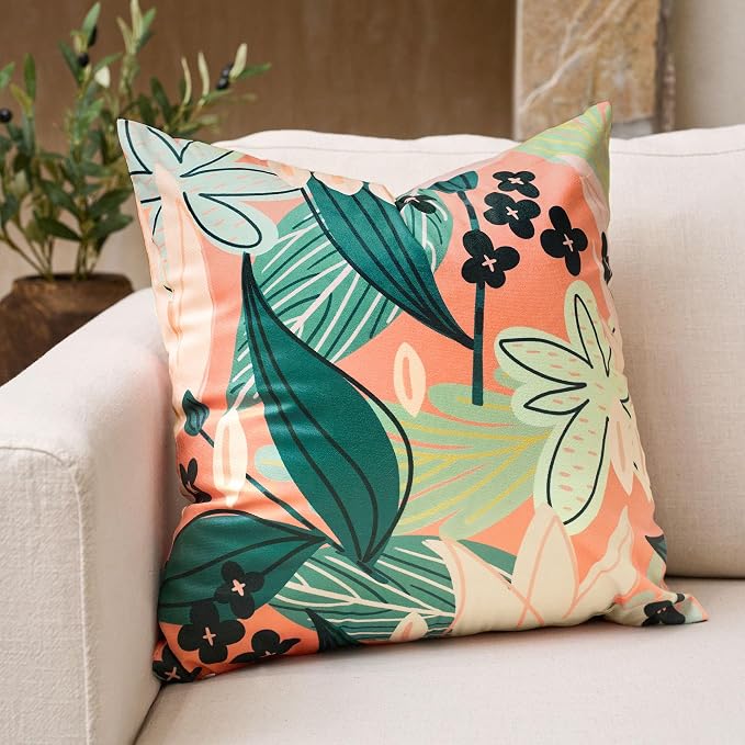 Tyrot Boho Floral Velvet Throw Pillow Covers 16x16 Inch Set of 2 Farmhouse Cushion Covers Mid Century Modern Botanical Home Decor Accent Pillow Cases for Couch Bed Sofa Living Room, Bedroom, Coral