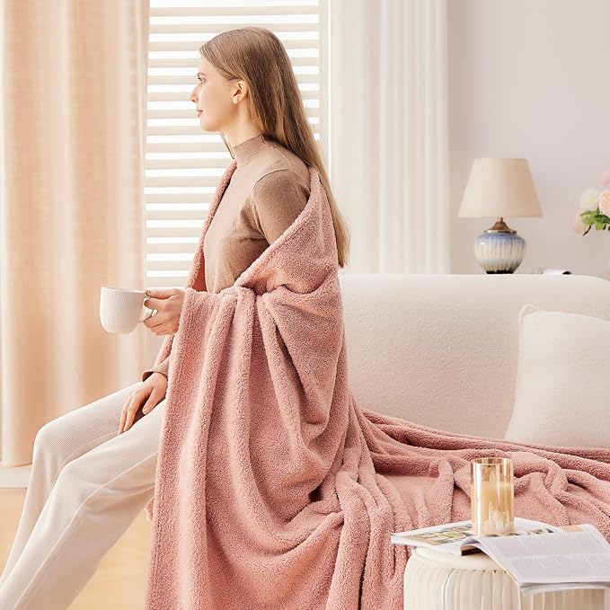 NEWCOSPLAY Knitted Throw Blanket for Couch Sofa Bed, Pink, 50"x60" | Super Soft Plush, Fuzzy Fluffy Microfiber, Lightweight Cozy Blanket for Room Decor, All Season Use