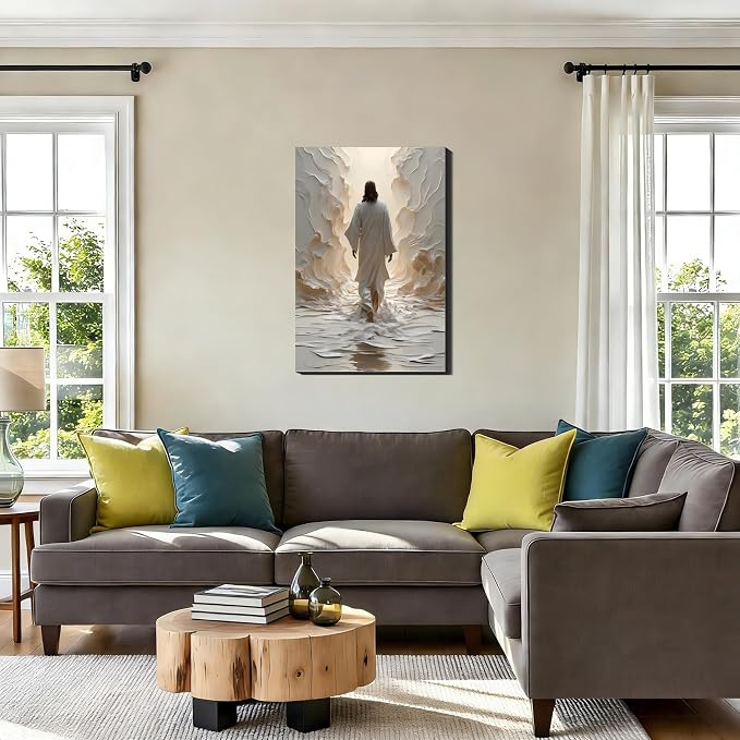 Large Jesus Walking on Water Canvas Wall Art, Christian Spiritual Picture Wall Decor, Modern Religious Posters Prints for Living Room Bedroom Church Holiday Decoration