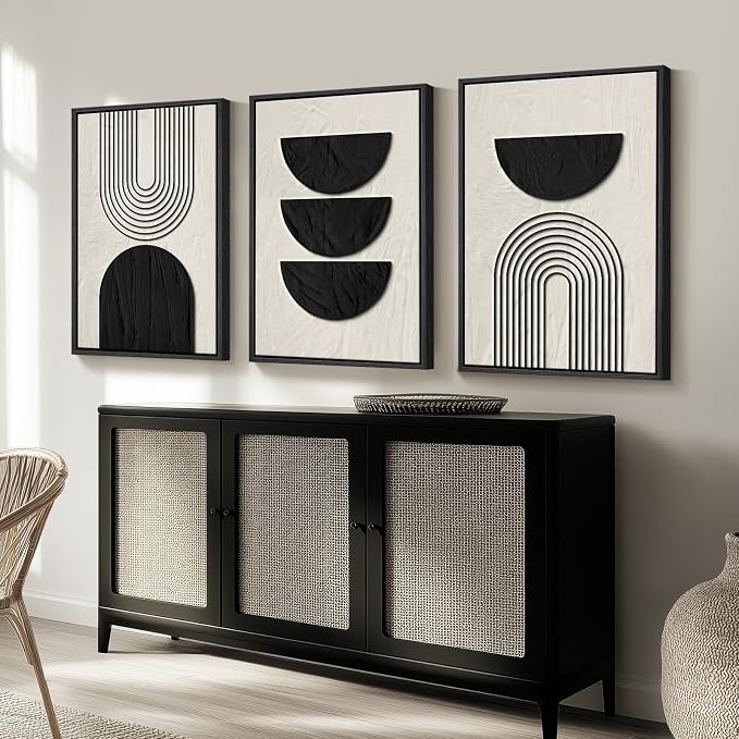 Large Framed Boho Neutral Abstract Wall Art, 3 Piece Canvas Prints 24x36 In | Black and Beige Geometric Pictures, Farmhouse Paintings, Vintage Artwork, Wood Frames, Living Room Office Bedroom Wall Decor