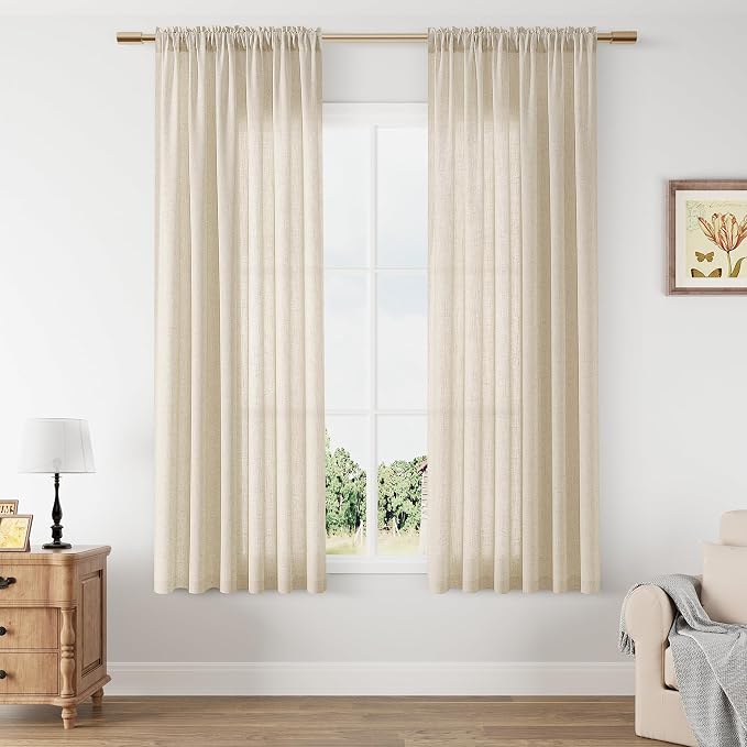 Linen Curtains 63 Inch Length for Living Room Bedroom 2 Panels Set Rod Pocket Light Filtering Semi Sheer Window Curtains 52 Inch Width Boho Farmhouse Drapes Flax Beige Linen, W52xL63