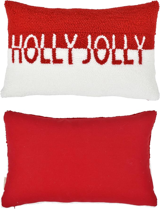 Holly Jolly Christmas Pillow Covers, 12x20, Hooked Wool Embroidered Throw Pillows for Home, Red & White