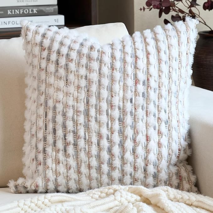 Aeckself Handmade Boho Chenille Tufted Pillow Cover 20x20 Inch, Decorative Square Throw Pillow Cover Neutral Pillowcase for Couch Bedroom Living Room, Grey White