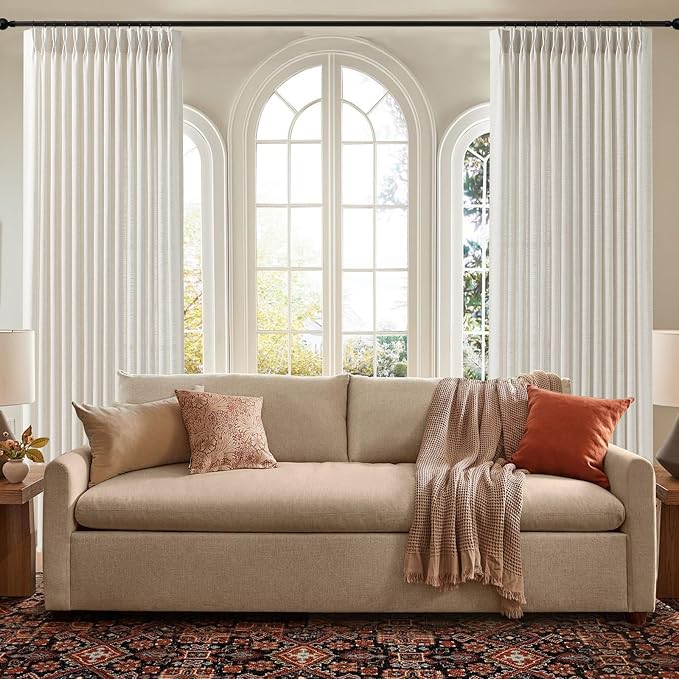 60 Inch Extra Width Pinch Pleated Sheer Linen Curtains Light Filtering | Living Room, Burlap Textured Semi Sheer, Pinch Pleat, Linen Blend, Hook Rings, Sliding Glass Door, Natural, 1 Panel, W60xL102