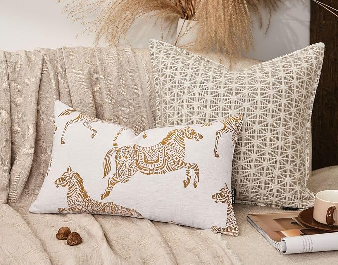 Lumbar Pillow Covers 12x20 inches, Double Sided Orange Horse Pattern Jacquard Embroidery Pillow Cover, Luxury Throw Pillow Cushion Cover for Sofa Bed Decor