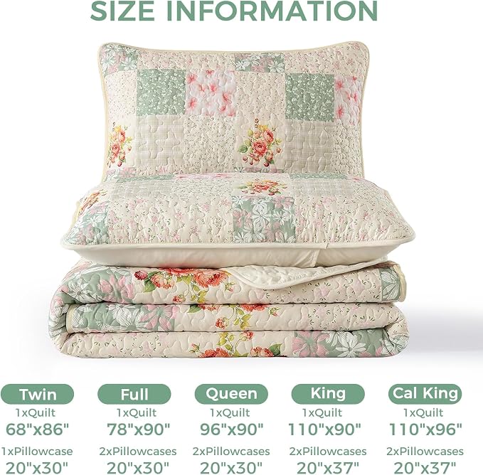 Mybedsoul Boho Quilt King Size, Patchwork Floral Bedding Set, Beige | Soft Lightweight Microfiber Floral Coverlet Set, 3 Pieces Plaid Reversible Bedspread, Bed Sets for All Seasons 90"x110"
